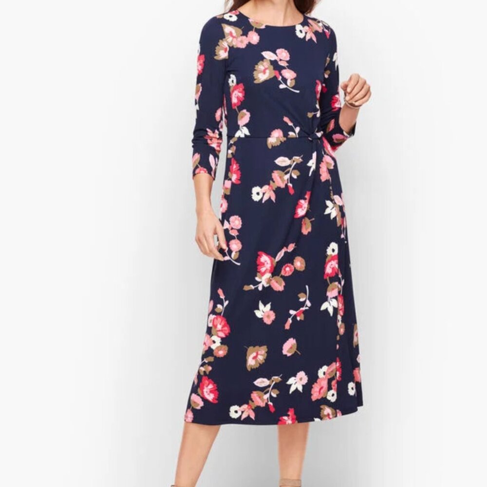 Talbots Jersey Midi Dress, Navy, Hot Pink and Coral Sheath Dress  3/4 Sleeves 14